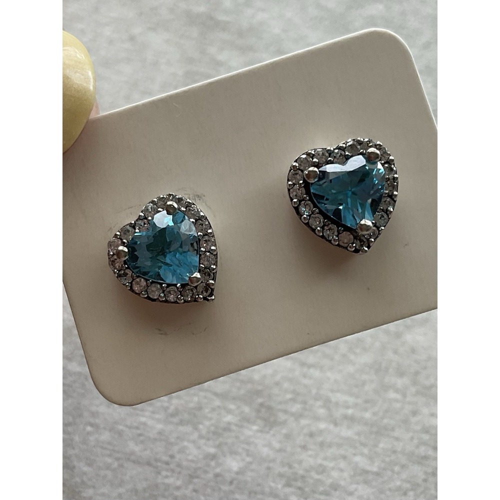 Vintage 925 Sterling Silver heart-shaped blue gemstone stud earrings Estate Jewe